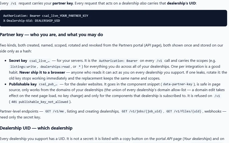 The developer documentation: authentication — the Authorization: Bearer partner key and the X-Dealership-Uid header, with what the secret and publishable keys can each do