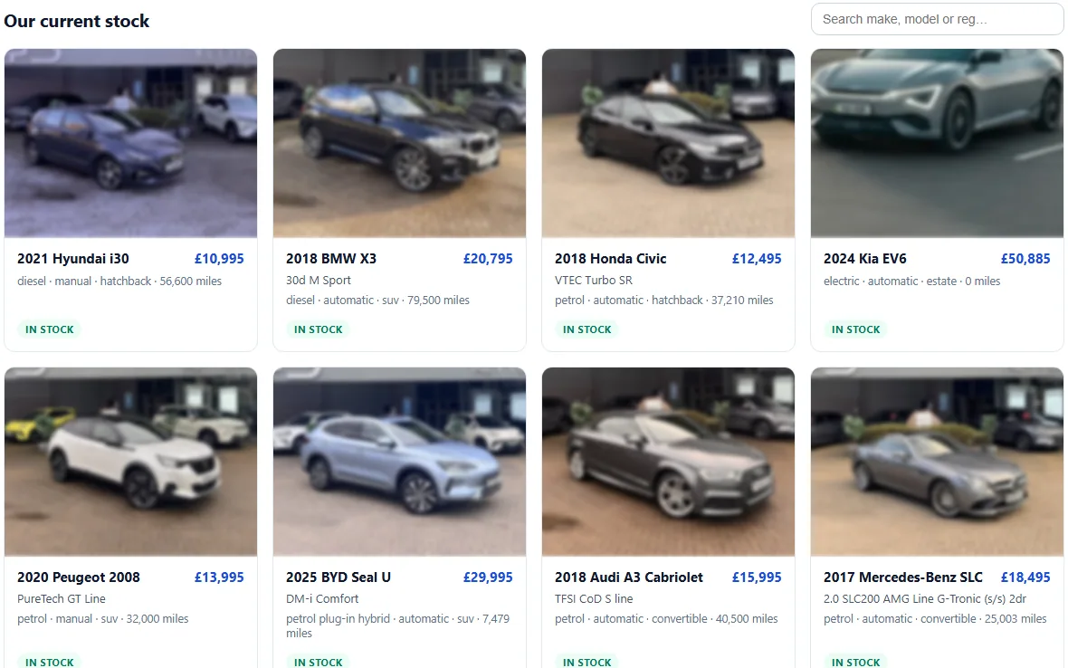 The oc-inventory-grid component rendering a dealership's live stock on its website