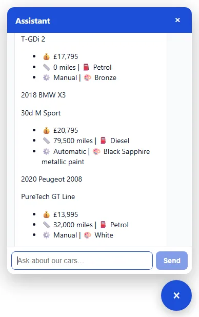 The oc-ai-chat panel on a dealer site: its recommendation from the dealership's live stock with tappable follow-up questions