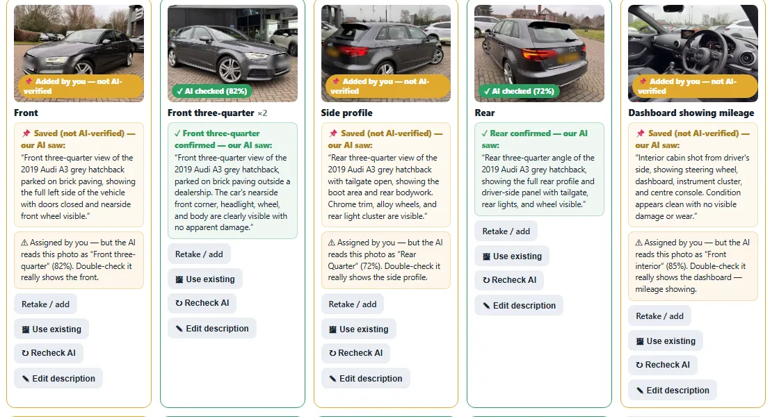Vehicle onboarding: the guided shot list with every slot reviewed by the AI — what it saw, its confidence, and where it disagrees
