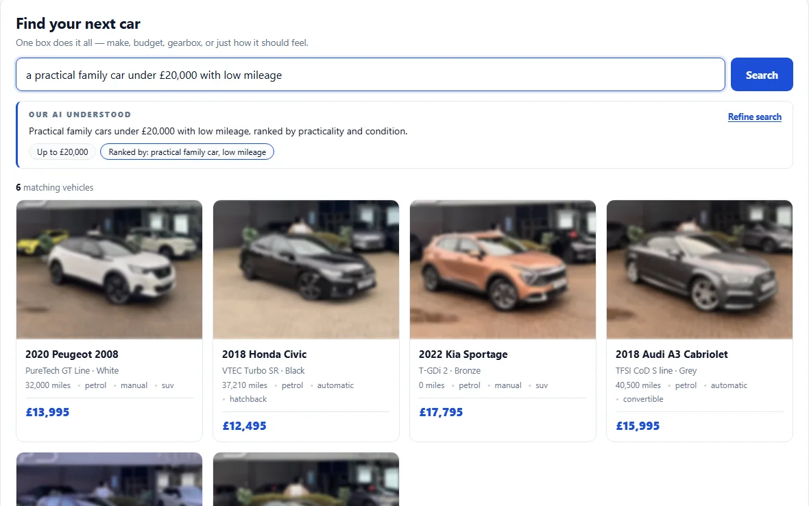 The oc-car-search box with the query “a practical family car under £20,000 with low mileage” and the “Our AI understood” panel: Up to £20,000, ranked by practical family car, low mileage
