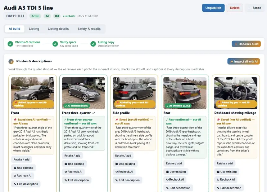 Vehicle onboarding: the guided shot list, a photo picked for each slot and inspected by the AI, Inspect all with AI running and finished, every photo captioned, the listing copy written and the finished listing