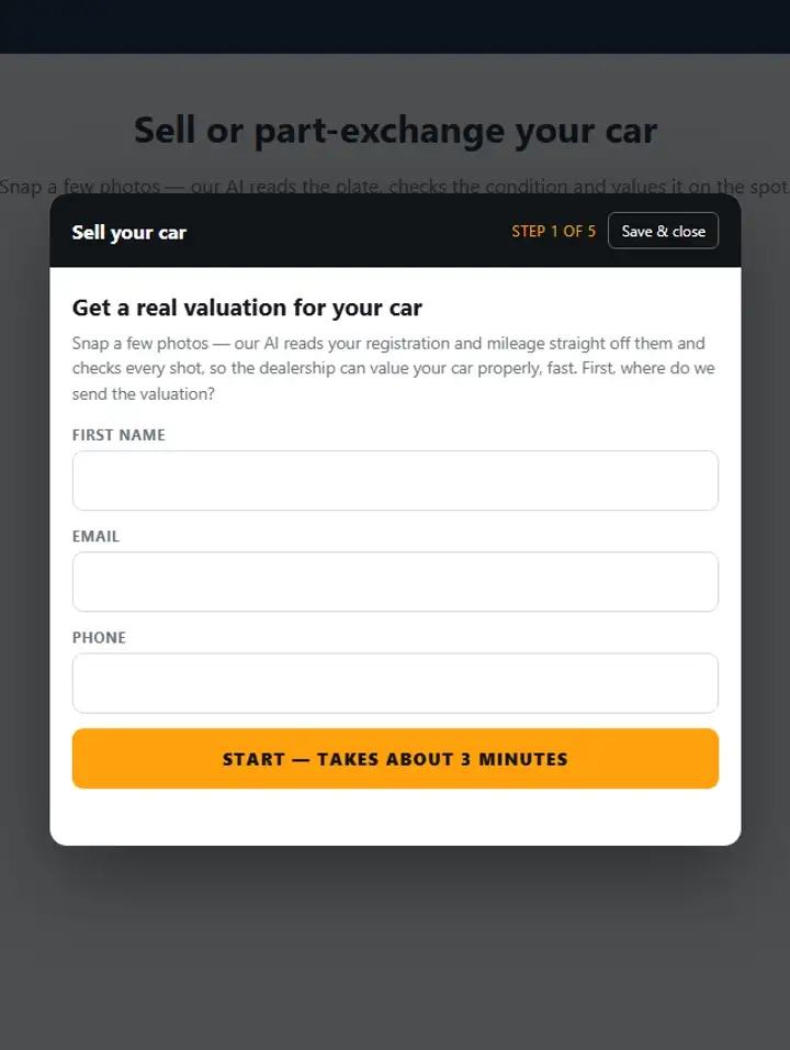 The part-exchange journey: contact details, plate photographed and read by the AI as AB12 CDE, 32,594 miles read from the dashboard photo, the guided photo checklist with the AI's review of each photo, then the enquiry as the dealership's team sees it with the AI's cross-checks and the valuation