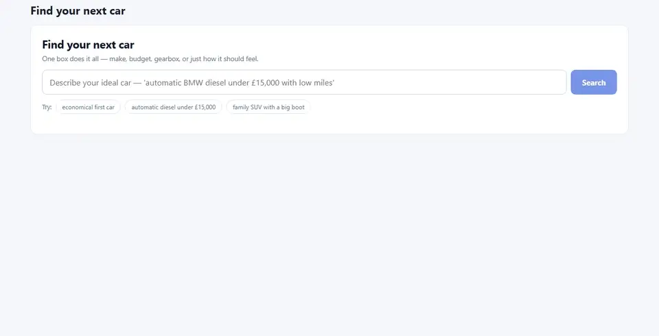 The oc-car-search component on a dealer site: the buyer types “a practical family car under £20,000 with low mileage”, the “Our AI understood” panel shows the budget and how it ranked, then the matching cars from live stock; a follow-up refines it to under £15,000