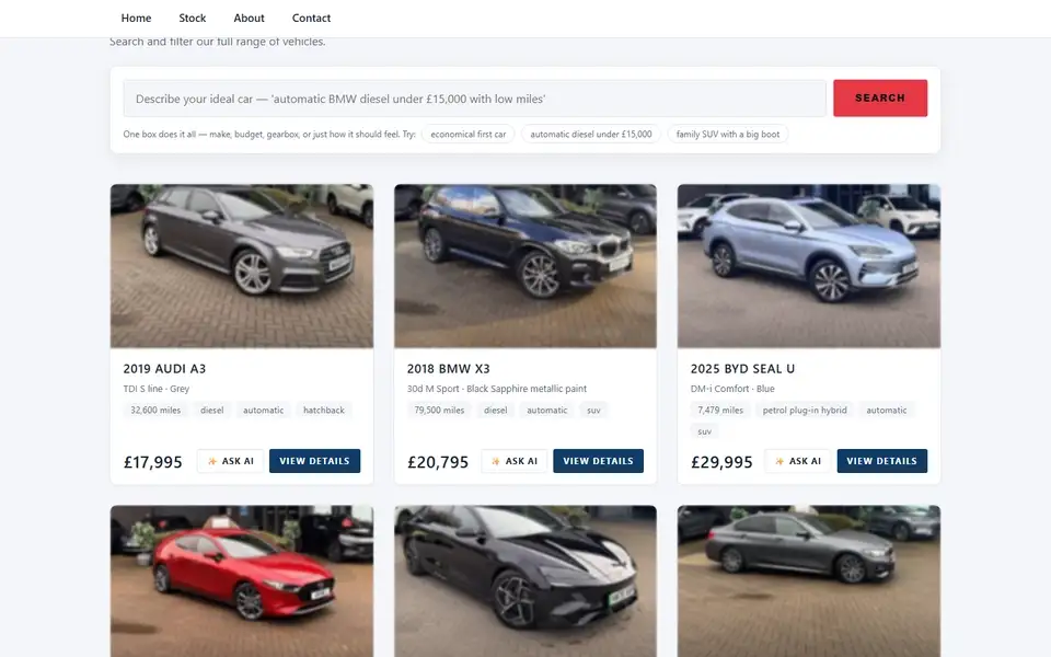 A dealer website's stock page: a buyer types “a practical automatic family car under £22,000 with low mileage”, the AI shows what it understood — Gearbox: Automatic, Up to £22,000, ranked by practicality and mileage — then the matching cars from that dealership's live stock, and narrows them on a follow-up