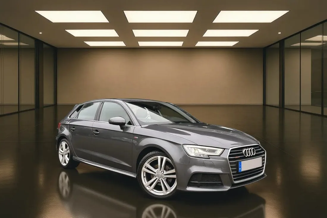 A grey Audi A3 placed in a showroom with polished dark floor reflections and soft overhead lighting — generated from a forecourt photo
